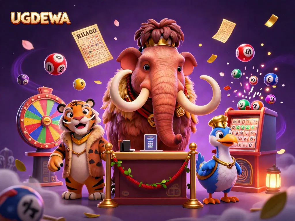Engage in gaming adventures at UGDEWA, featuring a vibrant 3D scene with a woolly mammoth bouncer and a saber-tooth tiger VIP.