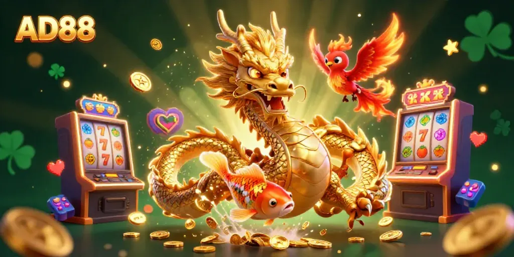 Experience the thrill of AD88 with a dynamic illustration of fortune elements and gaming excitement.