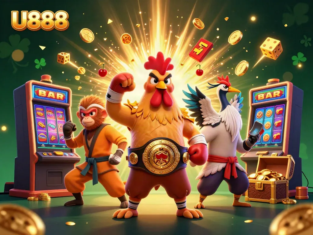 Engage with U888's dynamic 3D scene showcasing a Muay Thai rooster in action, surrounded by gaming excitement.