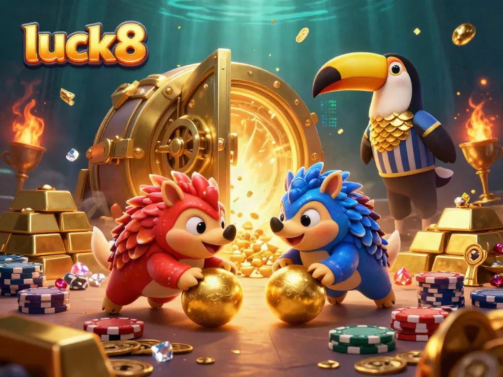 Experience the excitement of luck8 as rival pangolins roll golden balls and win at poker in this vibrant casino illustration.