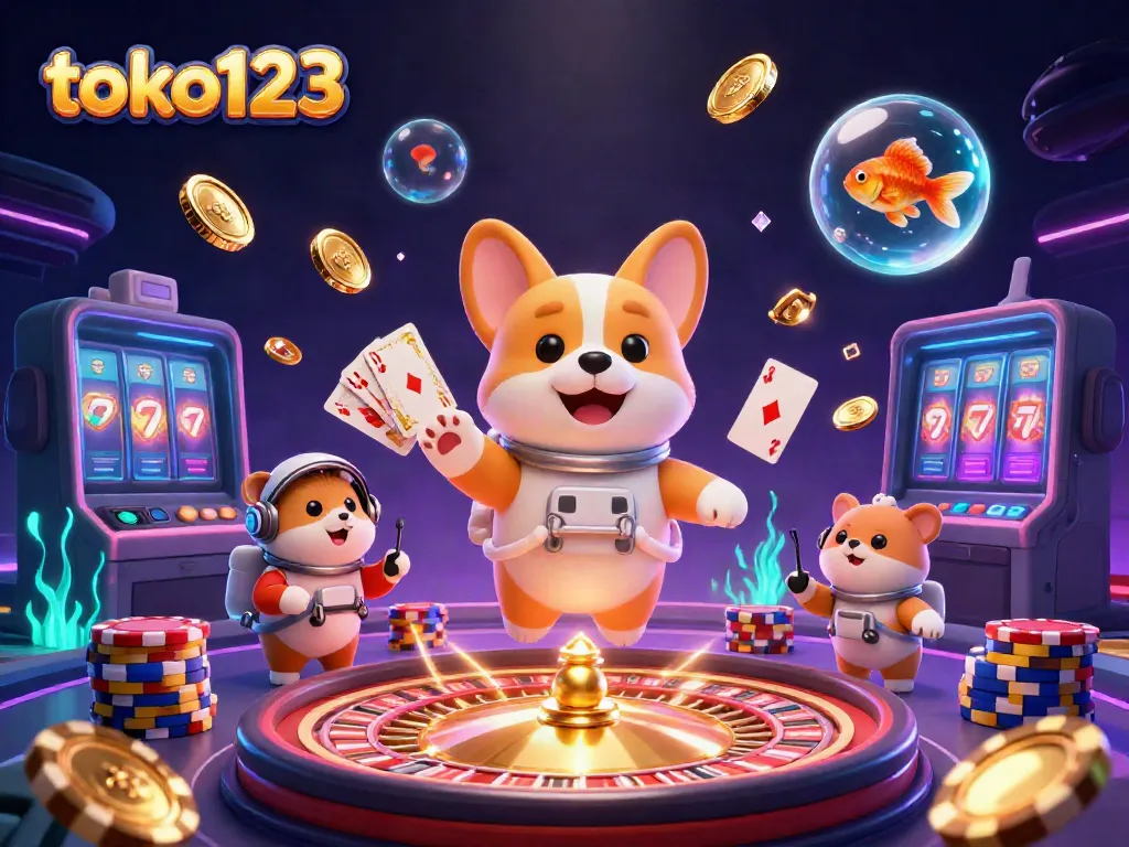 Play exciting games at toko123 with this colorful 3D illustration of a casino in space featuring animated characters.