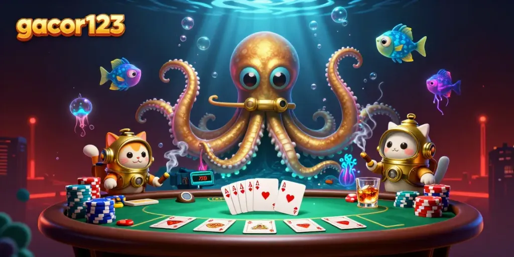 Engage in thrilling gambling adventures with gacor123 featuring an epic kraken scene and vibrant casino elements.