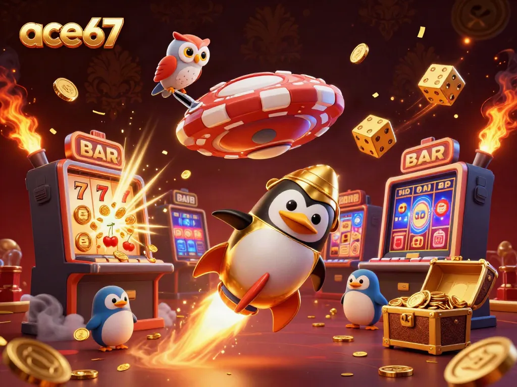 Experience the excitement of ace67 with a vibrant 3D casino scene featuring a golden penguin and jackpot elements.