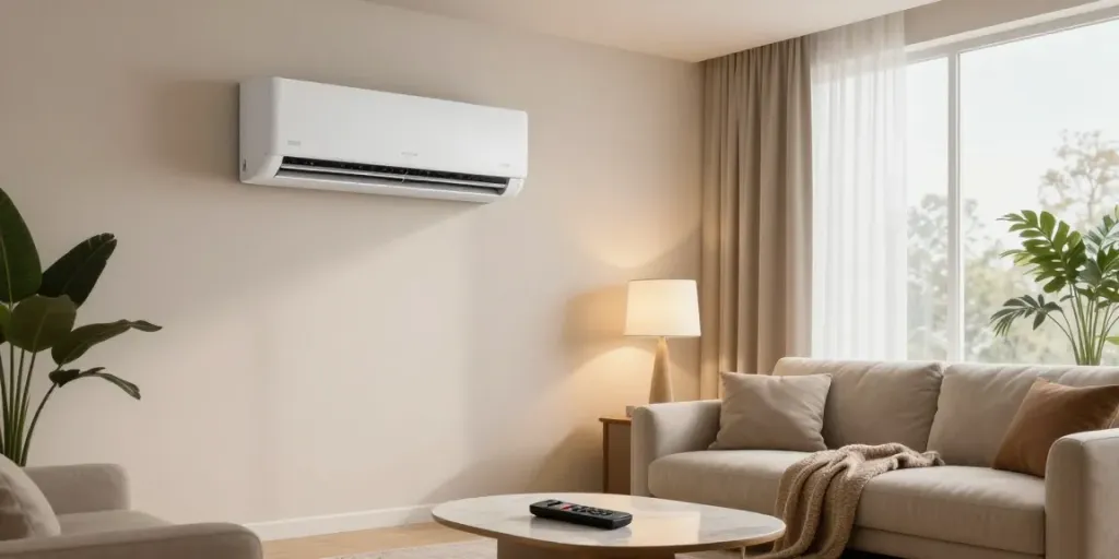 Stylish living room featuring a mini split of air conditioner for efficient cooling