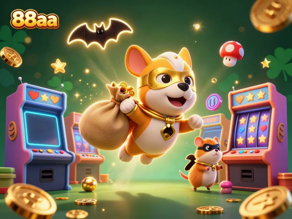 Engaging 88aa scene with a superhero dog flying and gold coins amidst vibrant casino elements.