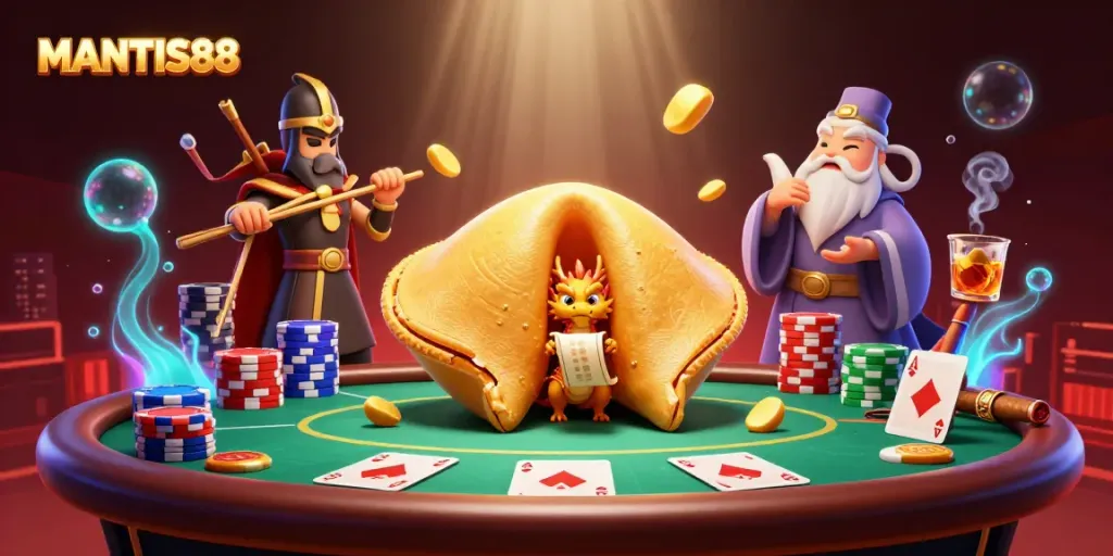 MANTIS88 offers a vibrant illustration showcasing dynamic characters and poker elements in a rich casino scene.