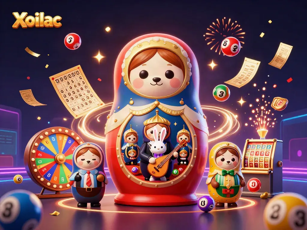 Xoilac bears celebrate casino fun with vibrant lottery elements and festive confetti