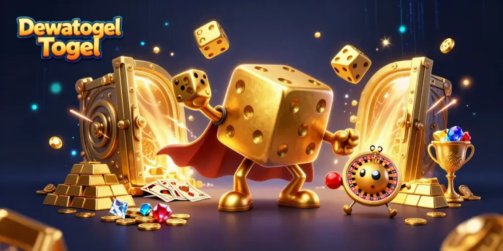 Engage in thrilling gameplay with Dewatogel Togel, showcasing vibrant golden characters and casino treasures