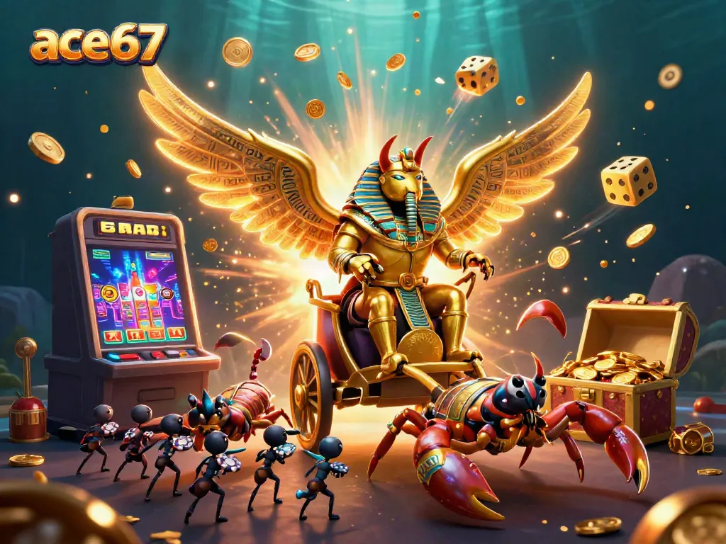 Experience the thrill of ace67 with a vibrant display of gaming elements and characters in a 3D casino scene.