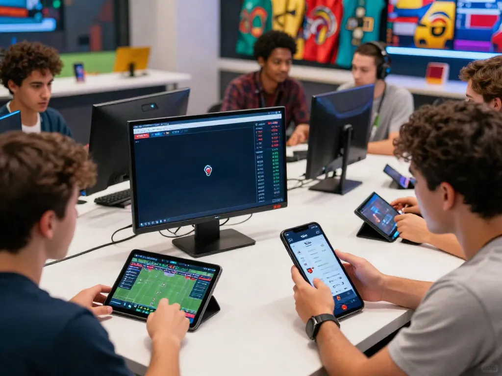 Dynamic sports betting experience with WWBOLA app on display amidst vibrant group discussion.